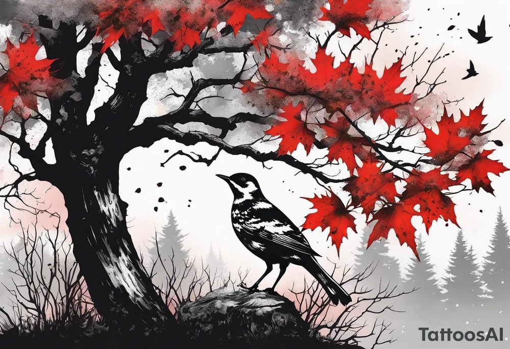 trash polka style. Arm tattoo. chest tattoo. Long tattoo. large tattoo. Full sleeve. Shoulder. A single large maple tree with red autumn leaves that branches upwards from wrist to shoulder. White-throated dipper bird on the trees branches. Calluna flowers at the base of the trees stem. Tree stem has dark colors. Red/yellow sunset behind the trees stem. Leaves falling. tattoo idea