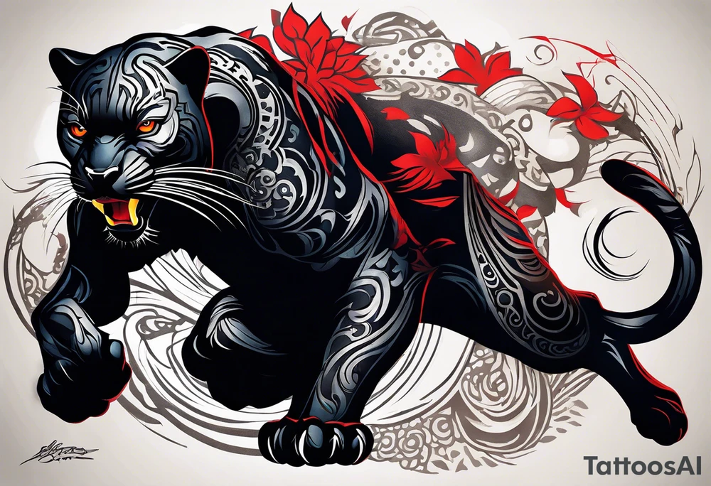 unique black panther tattoo, dynamic pose, showcasing its strength and grace, striking red eyes, intense and captivating elements, artistic flair, blending realism with abstract elements tattoo idea