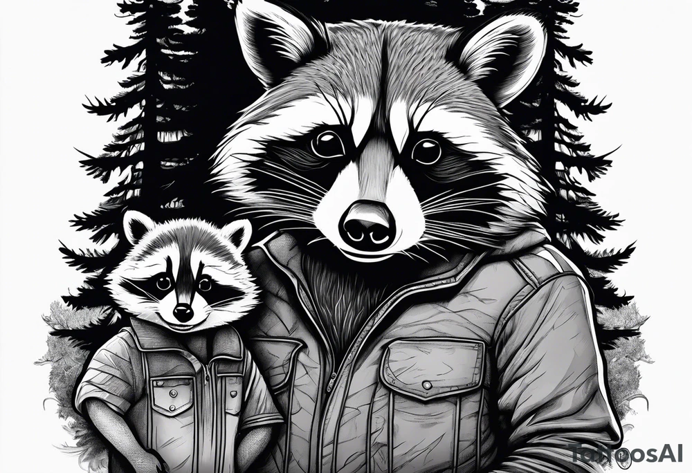 Hard working Raccoon Husband with wife and child.
Background House and woods tattoo idea