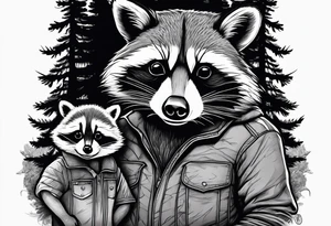 Hard working Raccoon Husband with wife and child.
Background House and woods tattoo idea