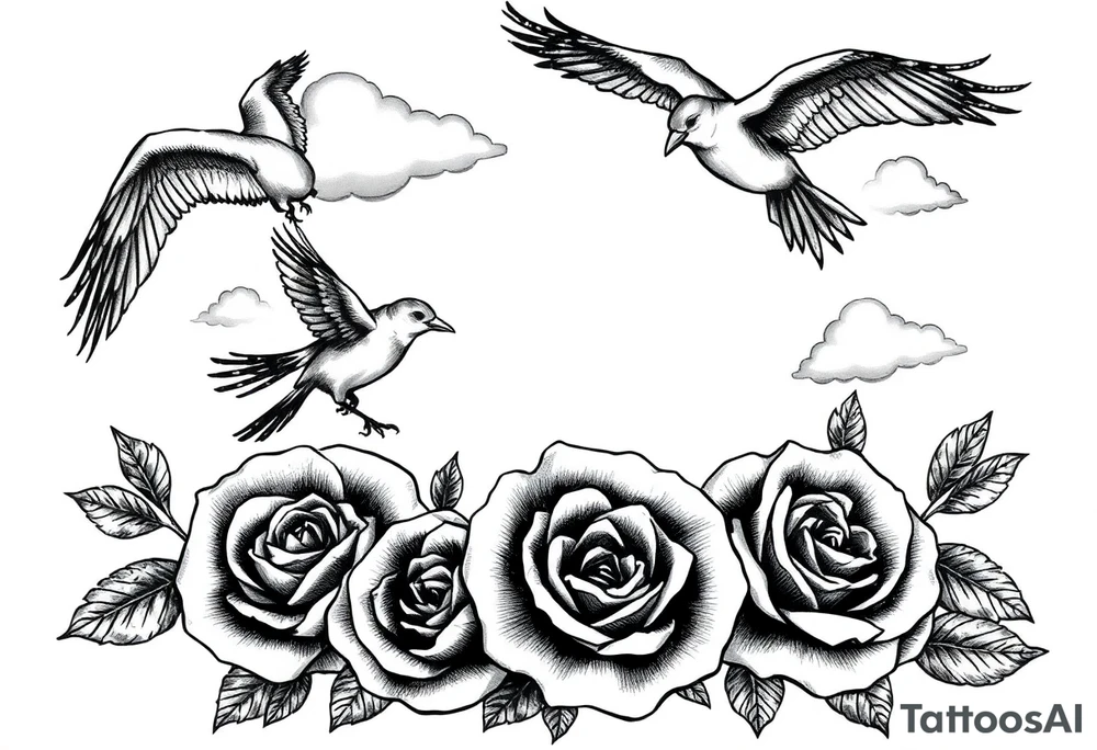 Birds clouds and roses tattoo idea