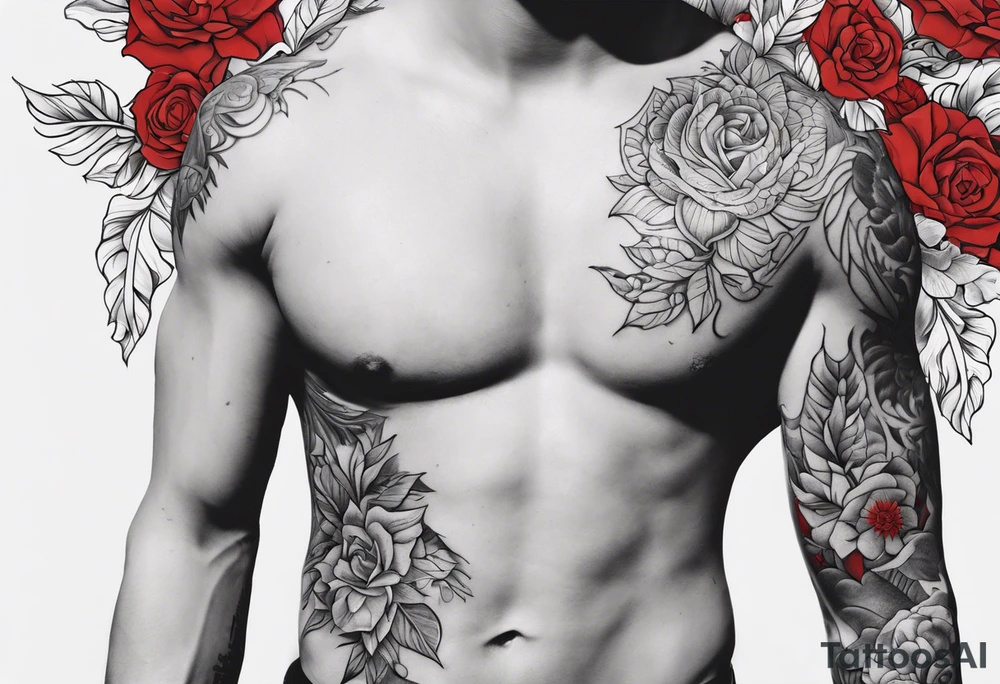 july 24th in roman numerals on the left side of chest and red flowers on other side of shoulder going down to the chest tattoo idea