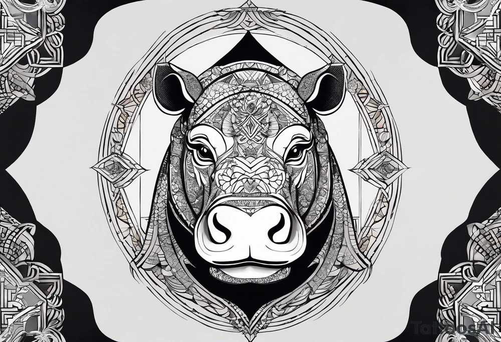 Very asymmetrical, +geometric pattern, with realistic full moon, with big eyes small ears 
hippo, +zen feel, + Buddhism touch, +tribal, +geometric, +inkart 
with wintersweet flower bud, +portrait orientation, +inkart touch, tattoo idea