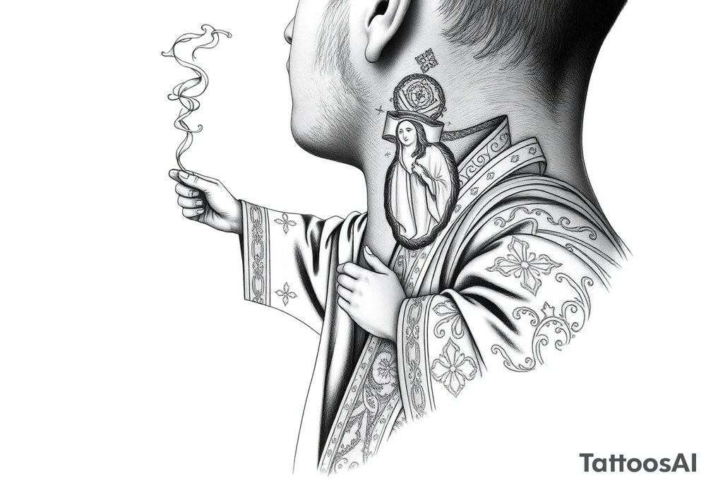 A Russian Orthodox Priest in full gold vestments swinging a censer with smoke curling upward 

The ornate robes give incredible fine line detail
The incense smoke could flow and connect to other elements
It ties directly into the church and Virgin Mary you already have
Very culturally authentic to the overall theme tattoo idea