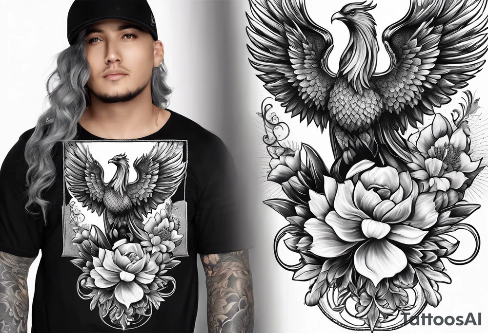 Sleeve with blind Themis and Phoenix with flowers tattoo idea