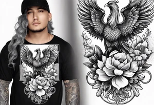 Sleeve with blind Themis and Phoenix with flowers tattoo idea
