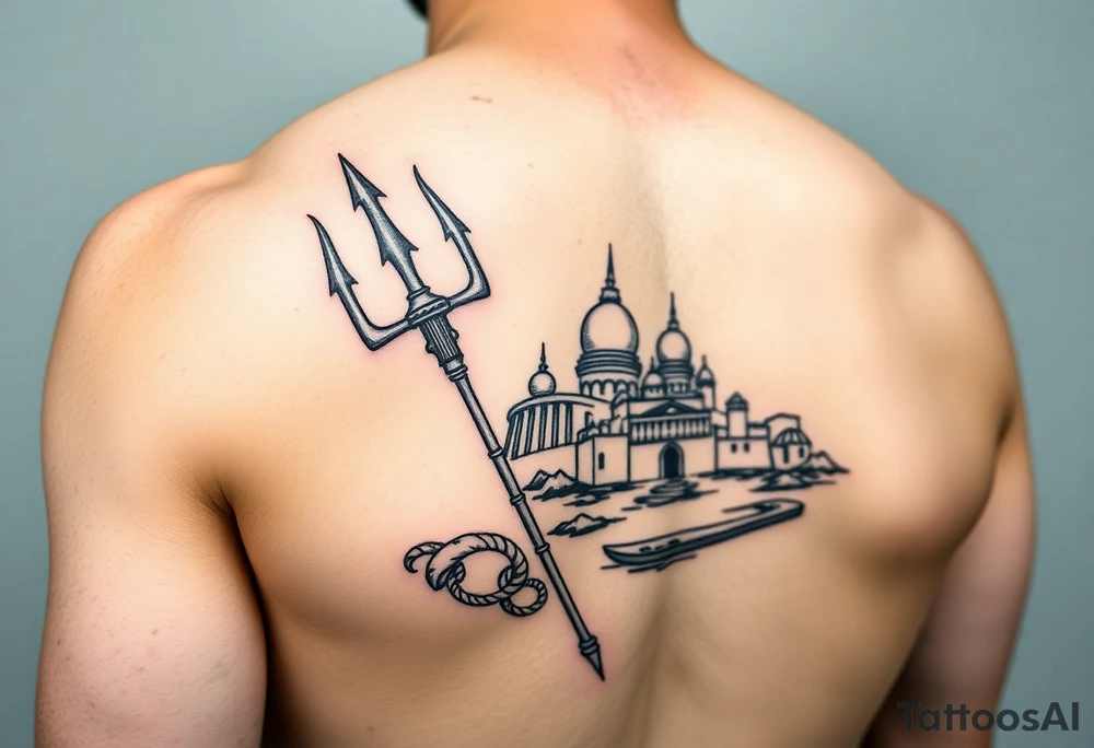 trident on arm with Atlantis background tattoo idea