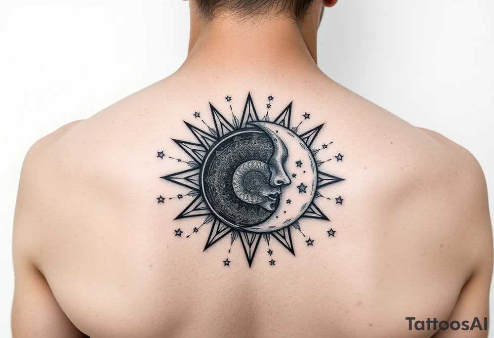 celestial sun and moon embrace with constellation patterns tattoo idea