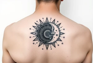 celestial sun and moon embrace with constellation patterns tattoo idea