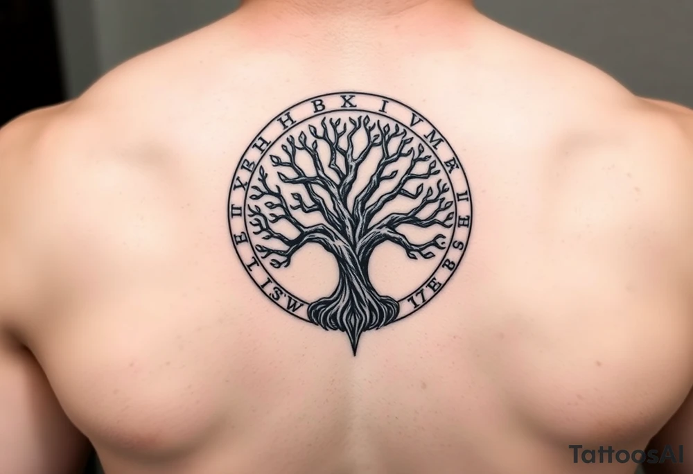 yggadrisl tree of life with circle of runes tattoo idea