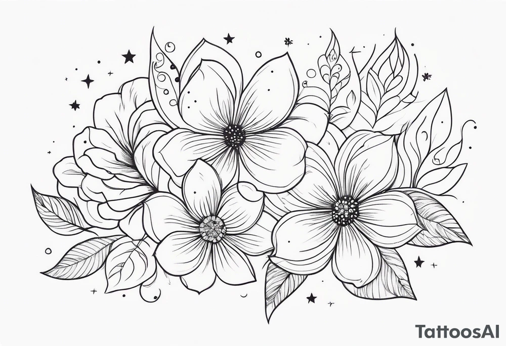 fine line floral with stars, swirls, dots tattoo idea