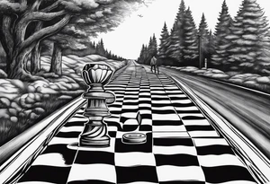 a road sign that say road to riches with a person walkin on a chessboard tattoo idea