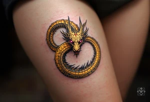 A golden dragon Ouroboros snake forming cyrcle with ruby eyes, its body covered in ancient markings, resembling a divine entity. tattoo idea