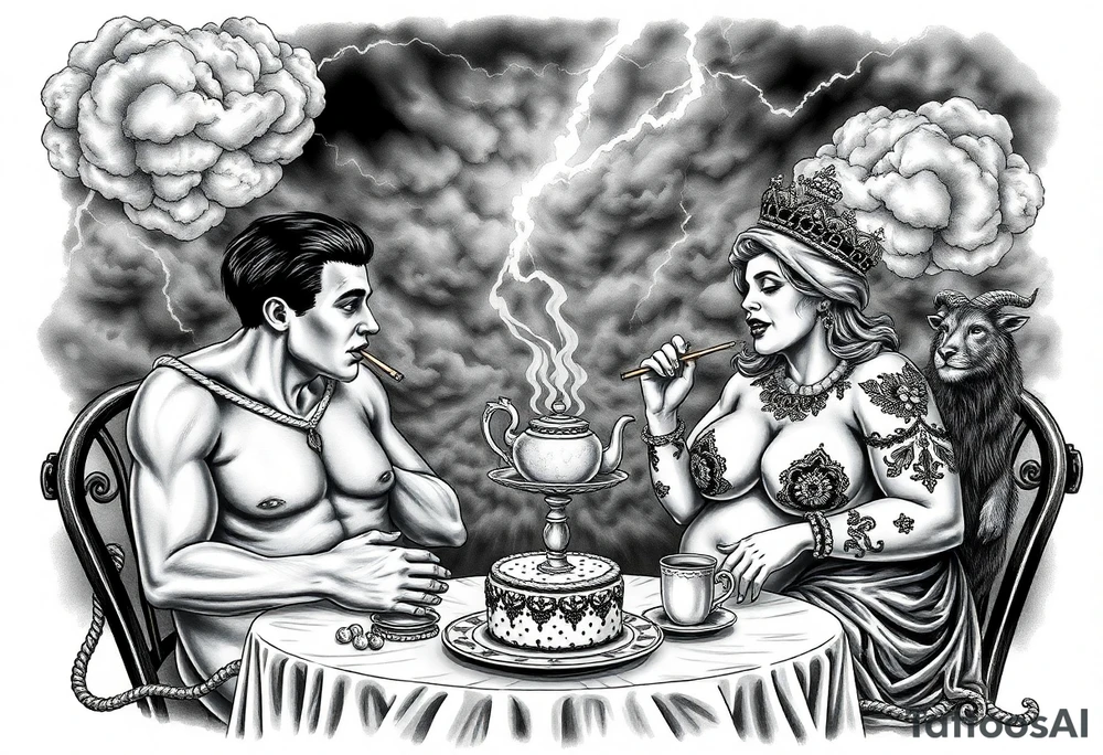 Mystical Naked Man and woman eating cake  having sex Storm lightening clouds gothic sexy naked fat lady having a tea party with tea pot and Victorian castle explosions
with a piggy, peacock, noose, lion, goat, smoking cigerettes looking in the mirror thru storm clouds with razor blades and broken hearts and darkness and wrath, envy , gluttony, greed, sloth, pride kill tattoo idea