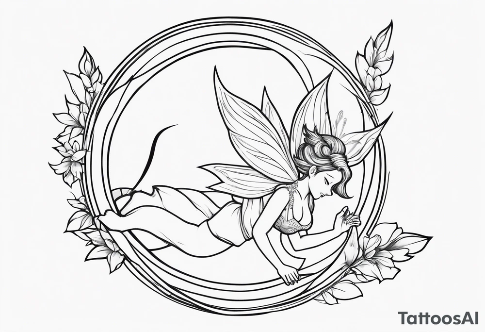 No color fairy with a tail inspired by the logo of the  show called Fairy Tail in a fetal position leaning in and forward while in the air floating and sleeping tattoo idea