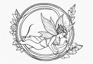 No color fairy with a tail inspired by the logo of the  show called Fairy Tail in a fetal position leaning in and forward while in the air floating and sleeping tattoo idea