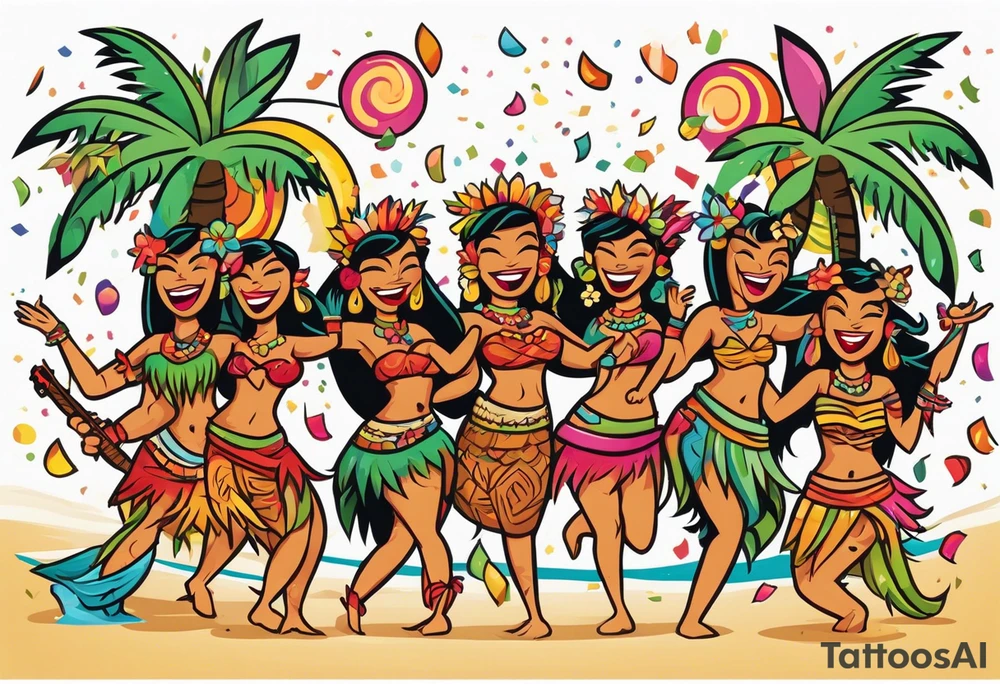 hulu tiki party with dancing tiki guys and sexy tiki girls on a beach with music notes and confetti around a blank space in the middle tattoo idea