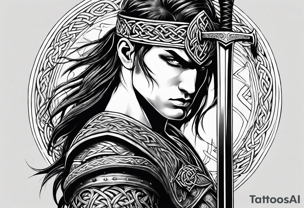 Celtic warrior facing left with sword drawn full body tattoo idea