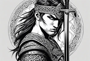 Celtic warrior facing left with sword drawn full body tattoo idea