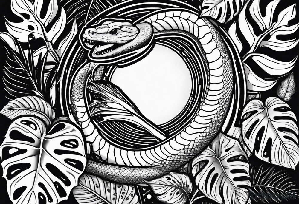 I want a monochrome tattoo in black gradients featuring a snake subtly hidden among the leaves of Raphidophora and Monstera. The snake should be coiled and partially visible, blending harmoniously with the detailed, large leaves of the plants. The Monstera leaves should have natural holes, while the Raphidophora leaves should be long and pointed. The overall style of the tattoo should be realistic, with shading and black gradients to create an elegant and mysterious effect."out thé tatoo on a black arm tattoo idea
