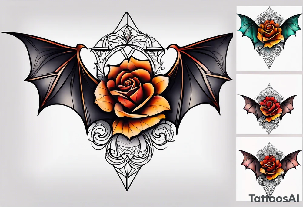 blackwork Bat Knee tattoo in fall colors with a rose tattoo idea