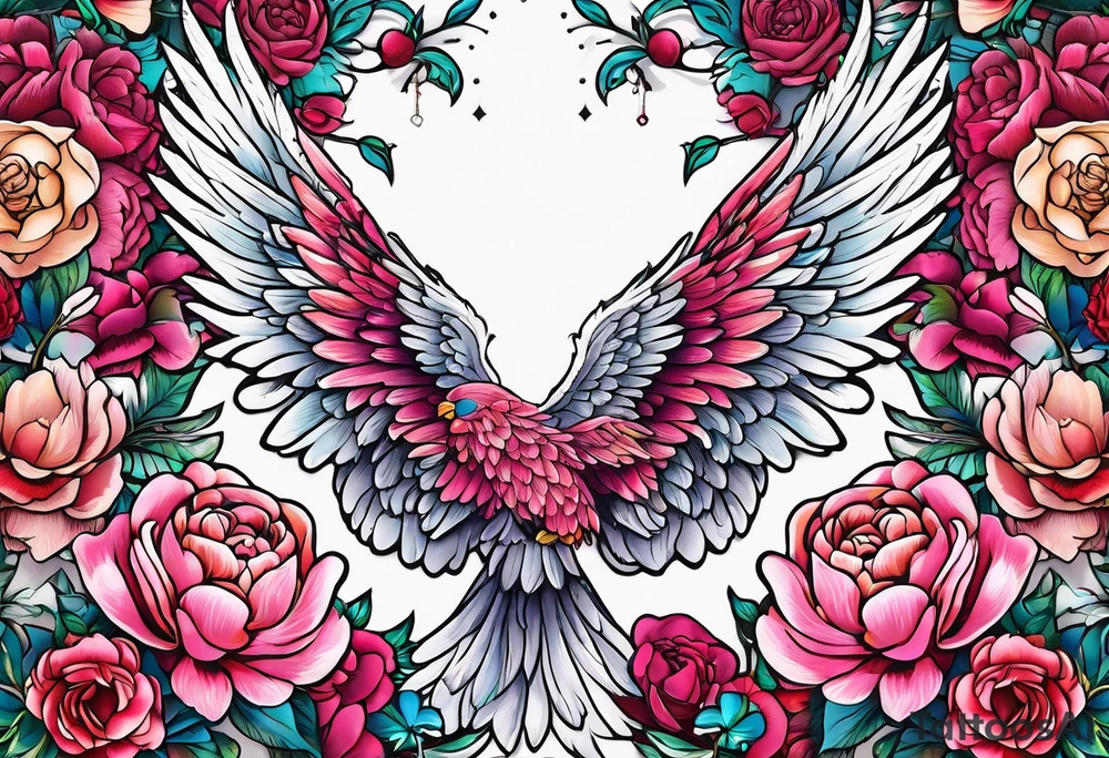 beautiful angel wings with floral peonies, roses, neon, brightly colored. highly detailed, tattoo idea