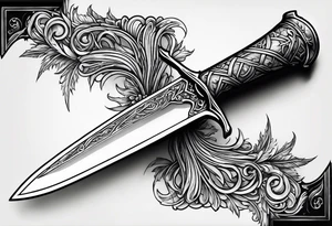 An athame dagger with an oak hilt turned upright and emerald gemstones on it tattoo idea