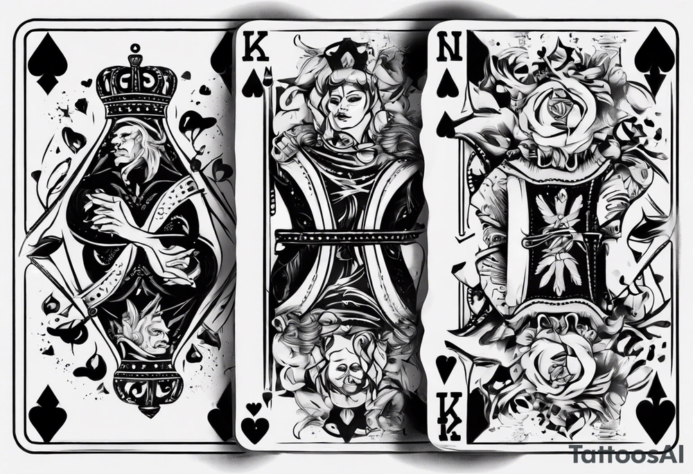 King of heart playing card with the queen of heart playing card around his arm tattoo idea