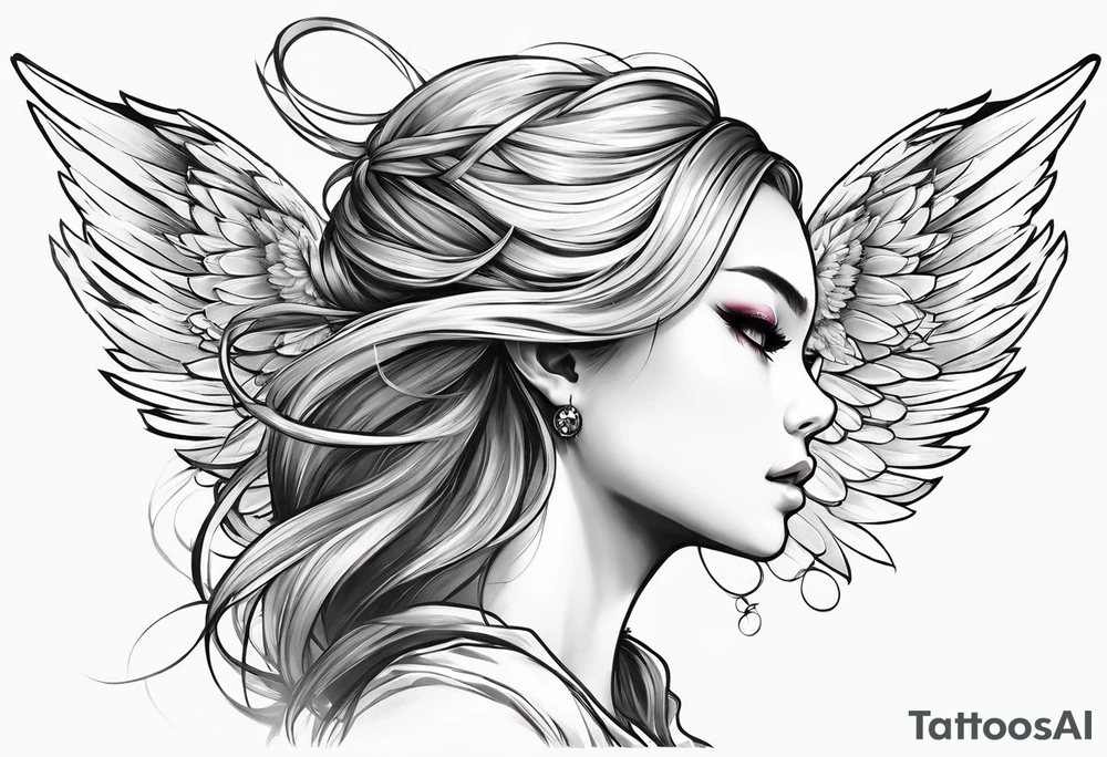girl angel side profile, with wings, with floating halo, anime style tattoo idea