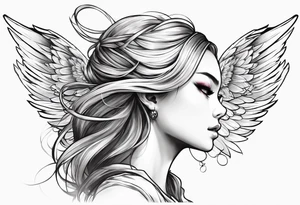 girl angel side profile, with wings, with floating halo, anime style tattoo idea