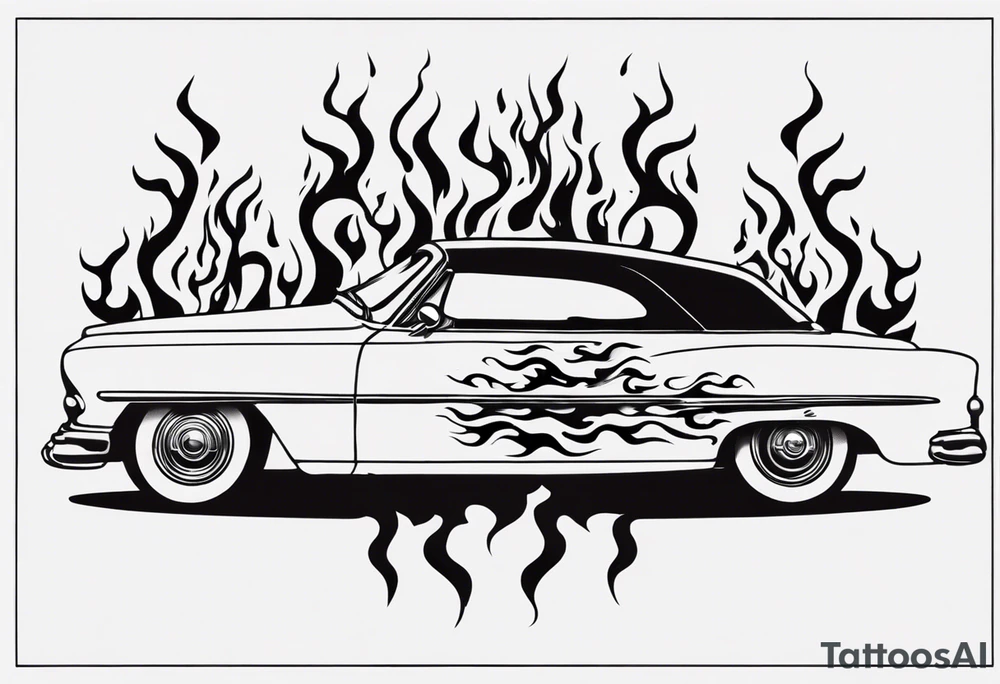 vintage classic car with flames coming out of the bonnet and a skeleton head at the top of the flames tattoo idea