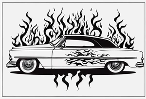 vintage classic car with flames coming out of the bonnet and a skeleton head at the top of the flames tattoo idea