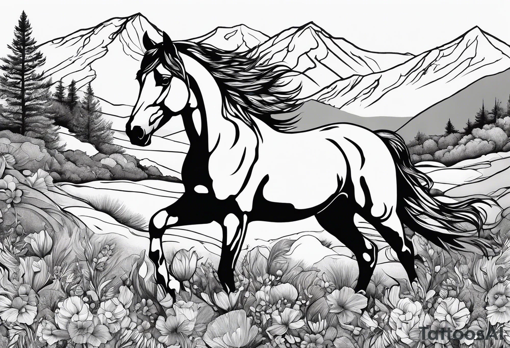Wild horse, mountain background, feather, flowers, western tattoo idea