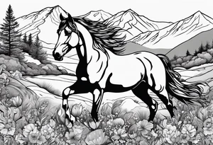 Wild horse, mountain background, feather, flowers, western tattoo idea