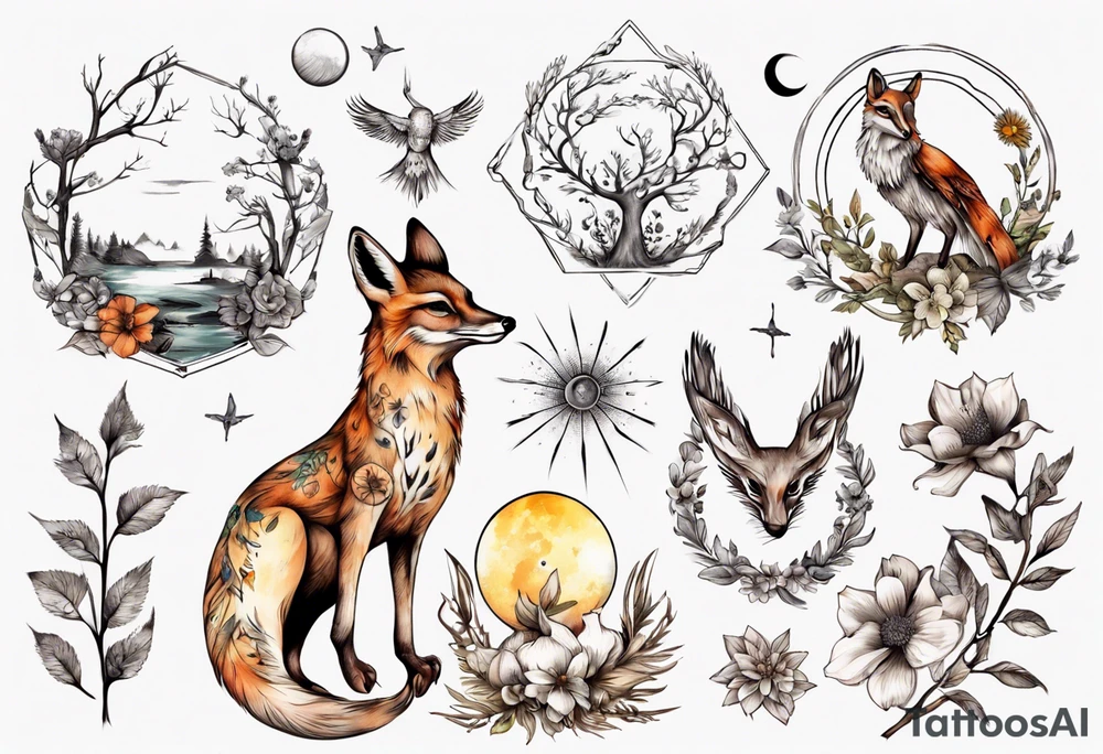 wasser, sonne, mond, fuchs, eule kolibri, wald, hirsch, blume des lebens, 
baum, berlin tattoo idea