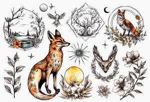 wasser, sonne, mond, fuchs, eule kolibri, wald, hirsch, blume des lebens, 
baum, berlin tattoo idea