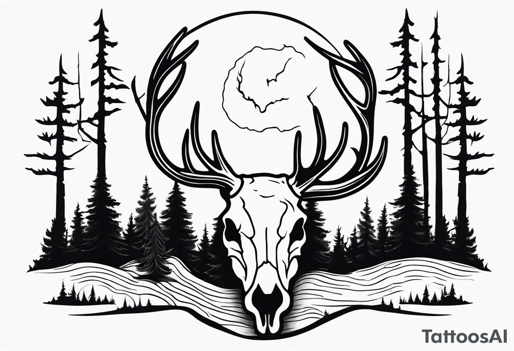 A side view of a dead deer skull surrounded by trees and fire tattoo idea