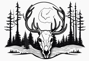 A side view of a dead deer skull surrounded by trees and fire tattoo idea