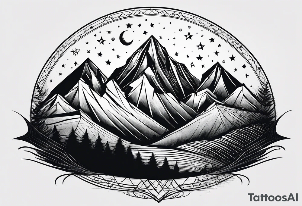 Mountain Massif, one Peak, only peak surrounded woth semi circle dashed Line, in semi circle two littel fine Stars, waves overlapping in Side, Open geometrical Forms Like Diamond with Open lines tattoo idea