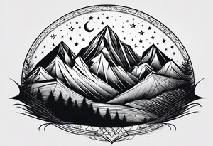 Mountain Massif, one Peak, only peak surrounded woth semi circle dashed Line, in semi circle two littel fine Stars, waves overlapping in Side, Open geometrical Forms Like Diamond with Open lines tattoo idea