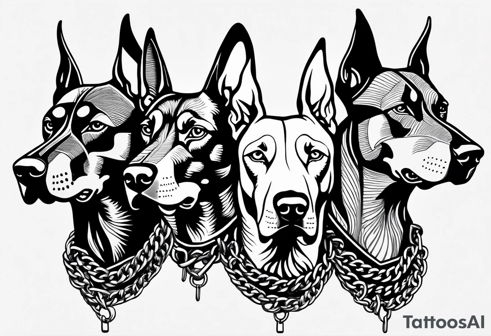the chain is stretched, there are three angry barking Dobermans in it tattoo idea