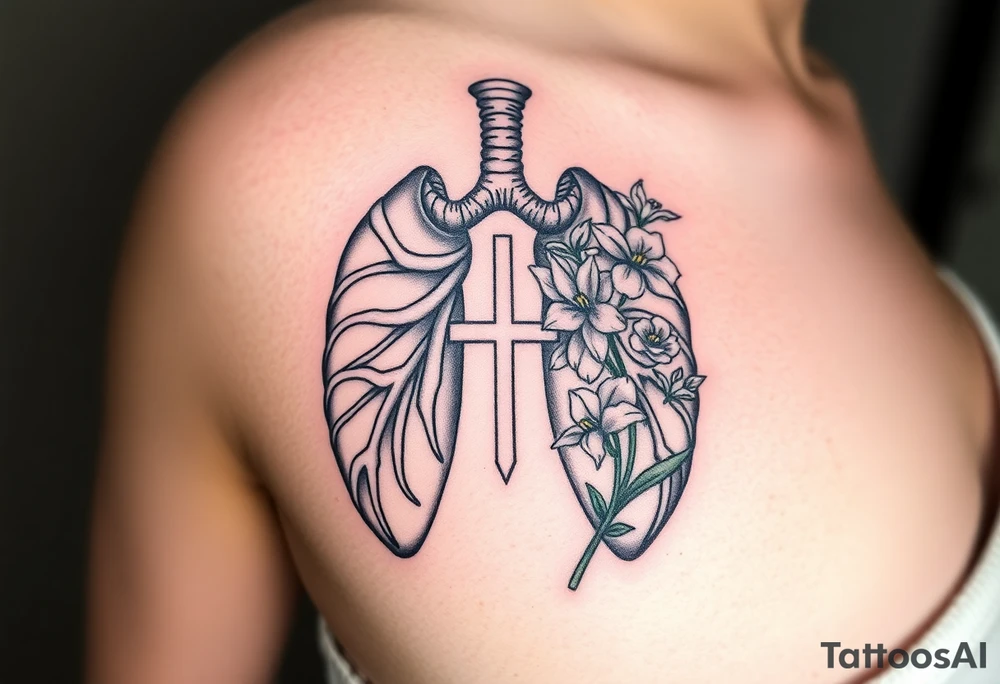 tattoo with skeleton lungs
: one side representing death and the other life. (from death to life) with a simple cross down the middle. The life side I'd like the following flowers growing out of it: Morning Glory, Lily of the Valley, Daffodil, Rose, Poppy, and Iris tattoo idea