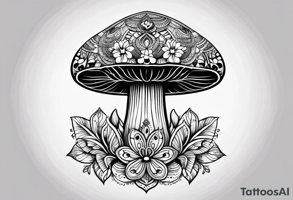 Black mushroom tattoo with henna style mandala design surrounding it tattoo idea