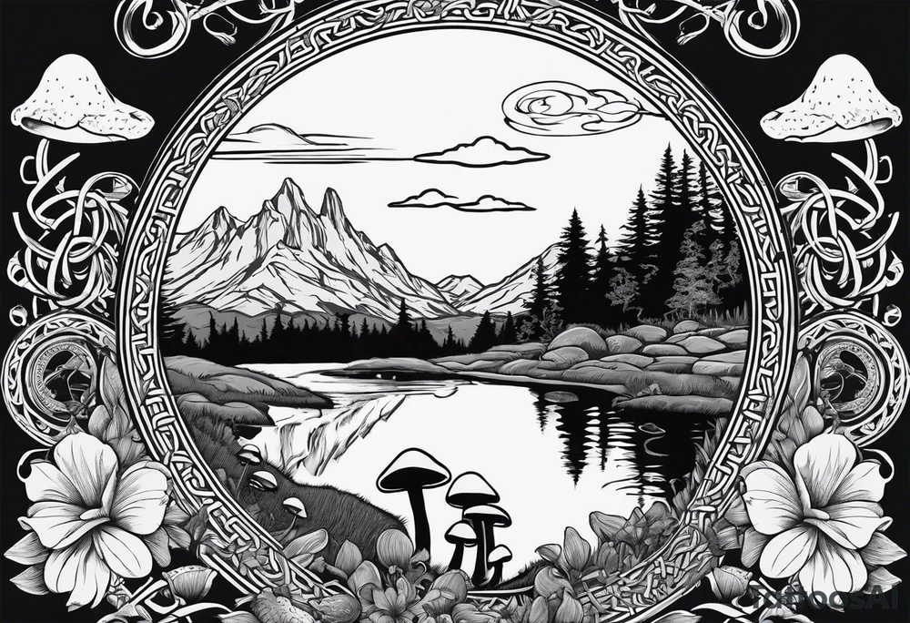 Whole picture encircled fully

Straight long blonde hair celestial girl in distance holding mushrooms in hand facing away toward mountains and creek surrounded by mushrooms long sleeve shirt and hiking pants; whole rendering within a full celtic circle border, no cut off circle tattoo idea