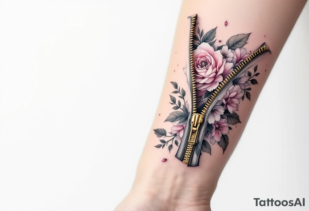 Floral Zipper – A golden zipper opening to vibrant roses, peonies, or cherry blossoms blooming inside the body. tattoo idea