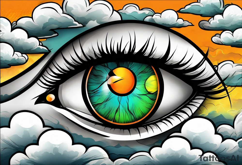 simple eyeball with a blue/green iris on top of dark stormy clouds with orange/yellow lightning coming from the clouds tattoo idea