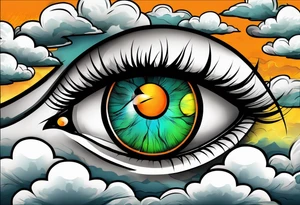 simple eyeball with a blue/green iris on top of dark stormy clouds with orange/yellow lightning coming from the clouds tattoo idea