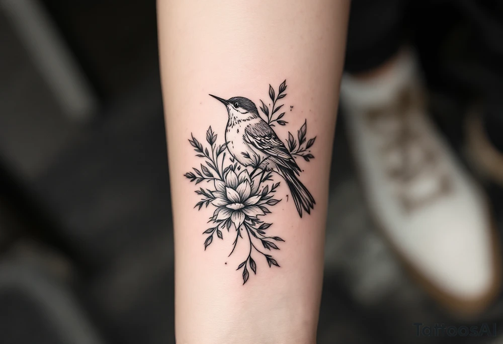Decending bird with floral tattoo idea