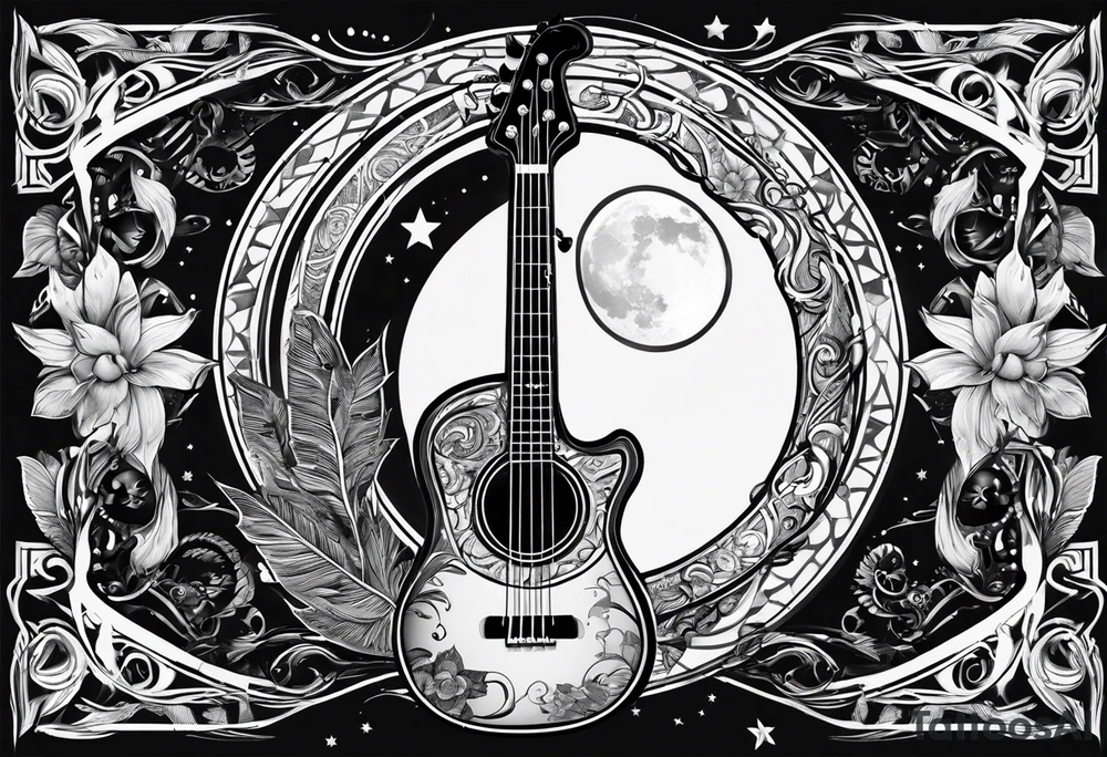 Collage for full sleeve with:
2 stars, 
1 quarter moon, 
a bass guitar, 
a caduceus symbol tattoo idea