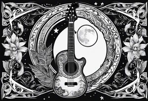 Collage for full sleeve with:
2 stars, 
1 quarter moon, 
a bass guitar, 
a caduceus symbol tattoo idea